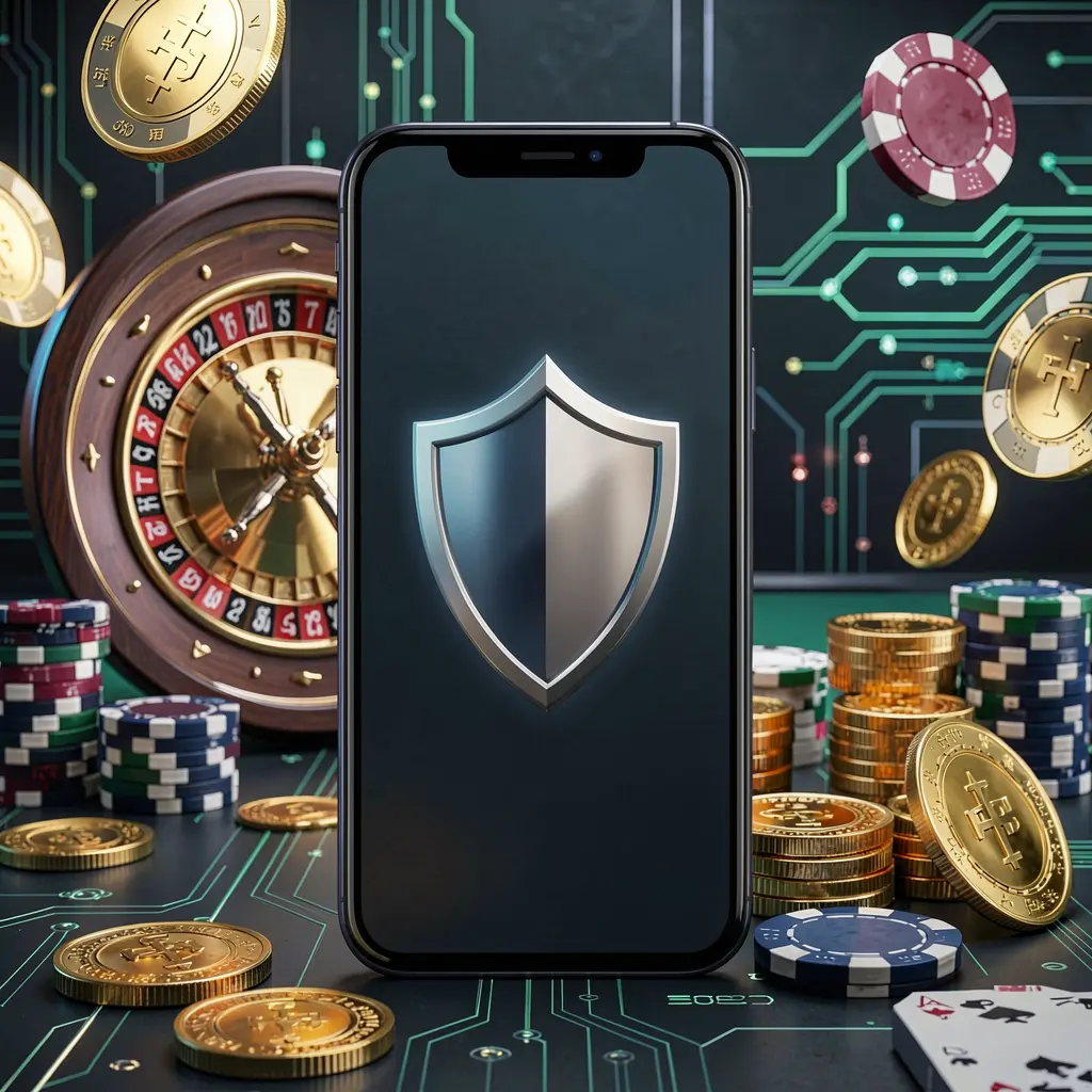 Skrin log masuk kasino mudah alih selamat OG321 yang memaparkan telefon dengan ikon perisai, roda rolet, cip poker dan syiling keemasan dalam suasana mewah siber yang gelap