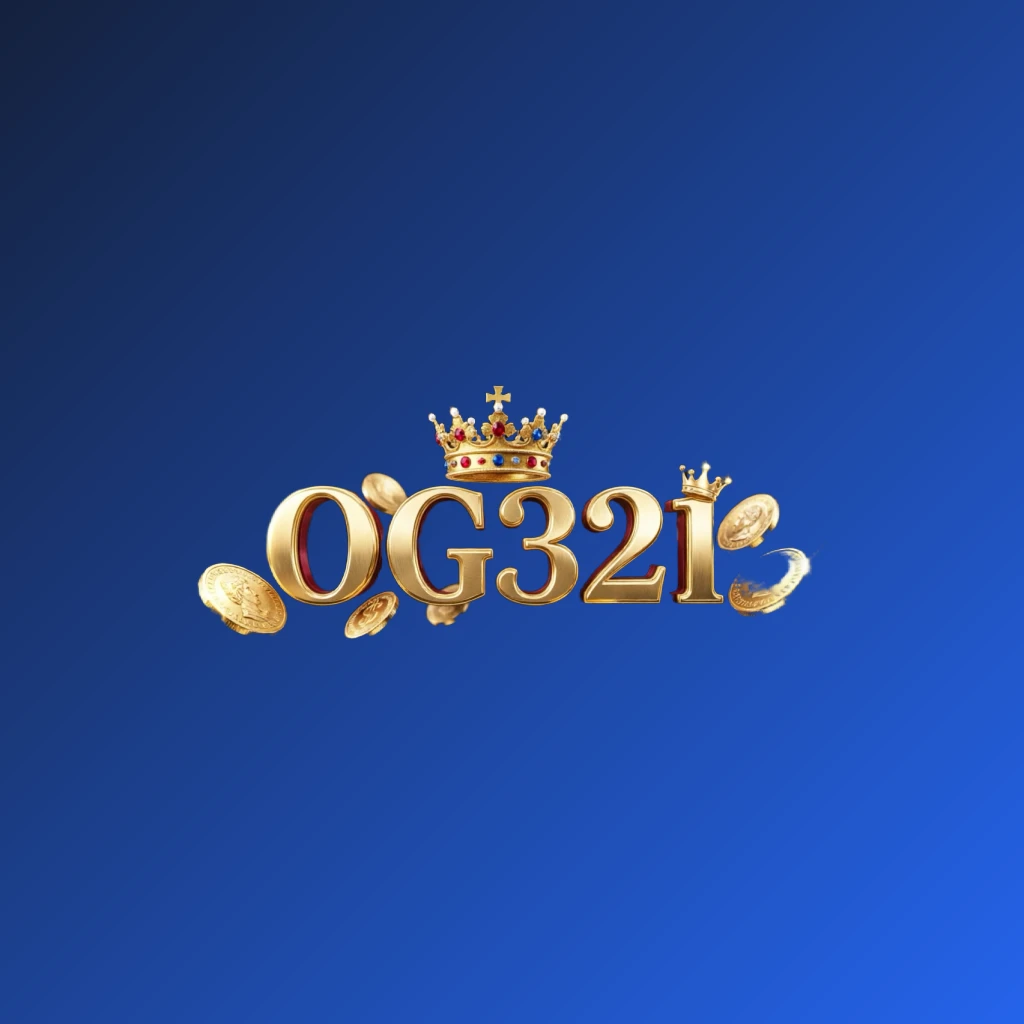 Logo gaya kasino OG321 dengan huruf keemasan, elemen mahkota dan syiling berkilauan, mencipta suasana permainan mewah pada latar belakang lutsinar, direka sebagai tanda kata segi empat tepat mendatar untuk pengepala laman web