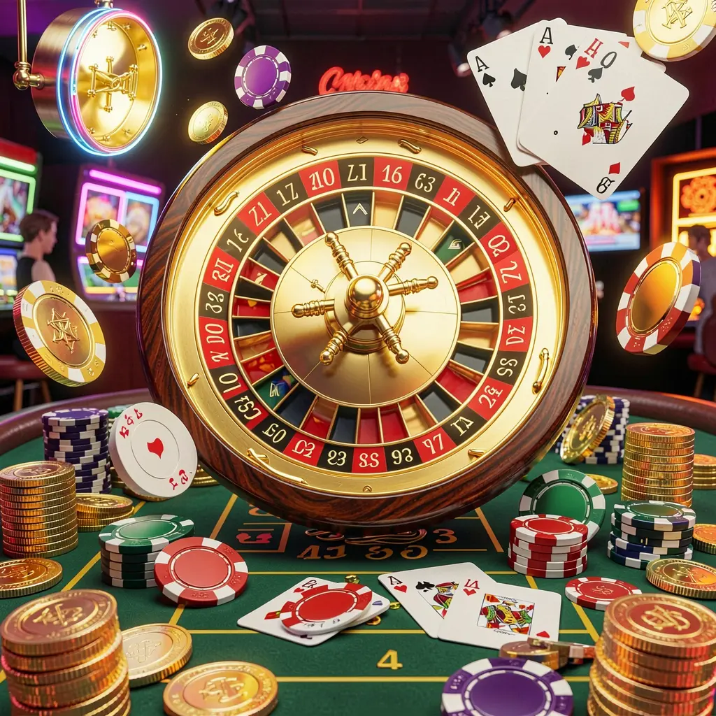 Visual halaman utama kasino OG321 yang menampilkan render 3D realistik roda rolet, cip poker, kad permainan, syiling keemasan dan cahaya jackpot yang terang bertenaga dengan kilauan neon cerah dalam komposisi dinamik
